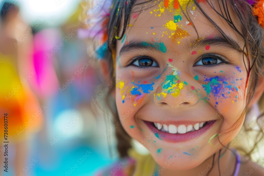 Joyful Child with Colorful Holi Festival Paints
A young girl smiles brightly, her face adorned with vibrant colors during a Holi festival celebration.
