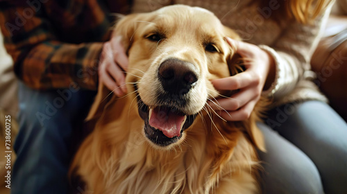 A close-up of a happy golden retriever being petted by a man and a woman, the dog’s joyful expression is the focus of the image.Family concept. AI generated.