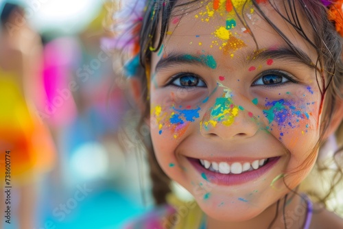 Joyful Child with Colorful Holi Festival Paints A young girl smiles brightly, her face adorned with vibrant colors during a Holi festival celebration. 