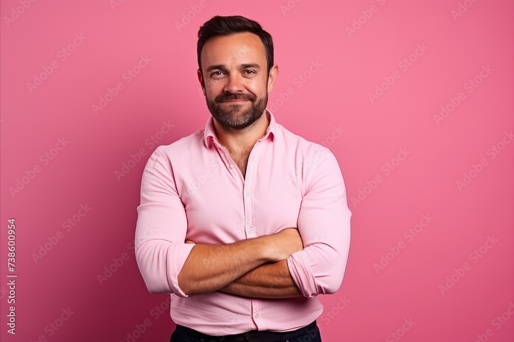 Portrait of a handsome man with crossed arms looking at camera against pink background Portrait of a handsome man with crossed arms looking at camera against pink background