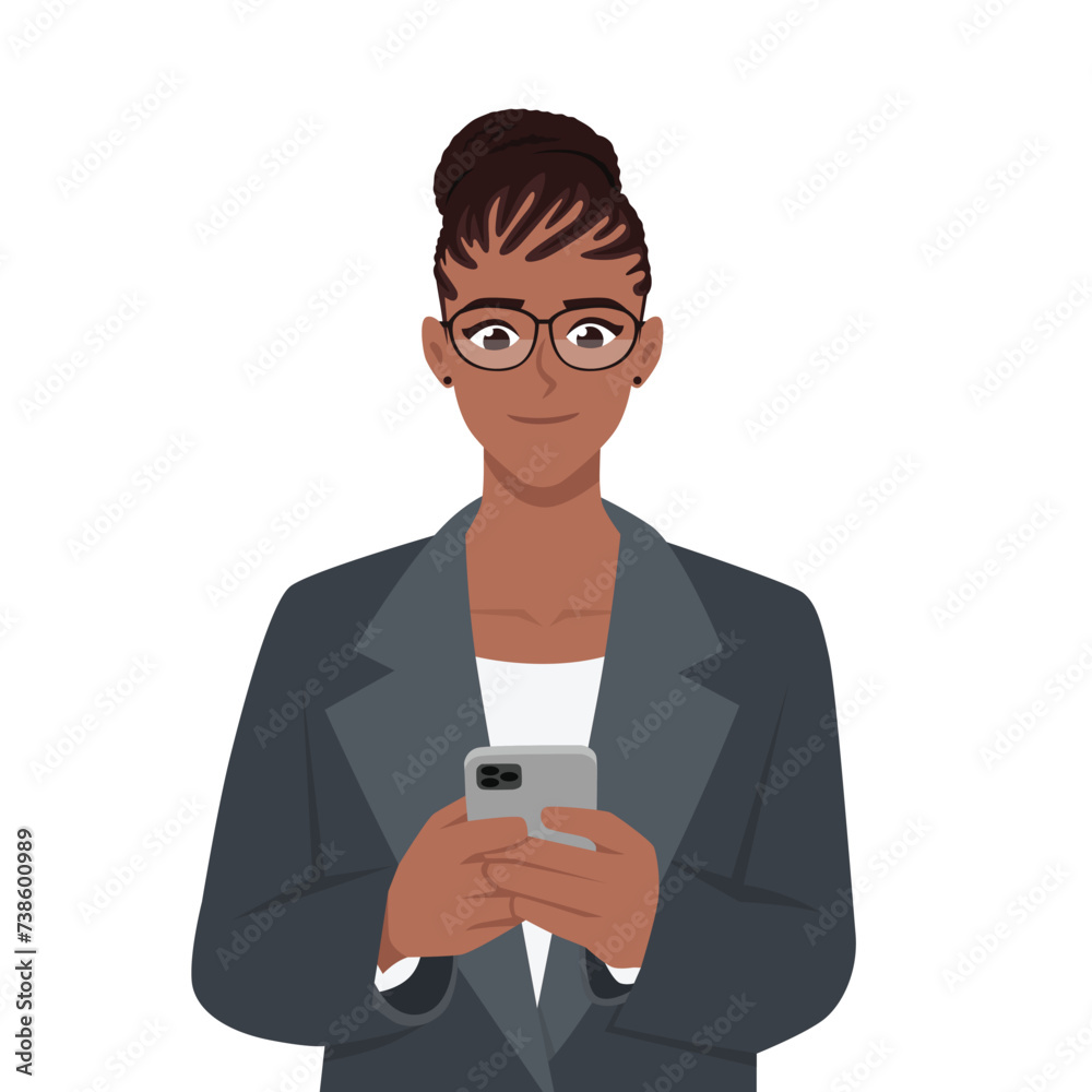 Beautiful woman holding mobile phone in hand typing and looking happy. Flat vector illustration isolated on white background Beautiful woman holding mobile phone in hand typing and looking happy. Flat vector illustration isolated on white background