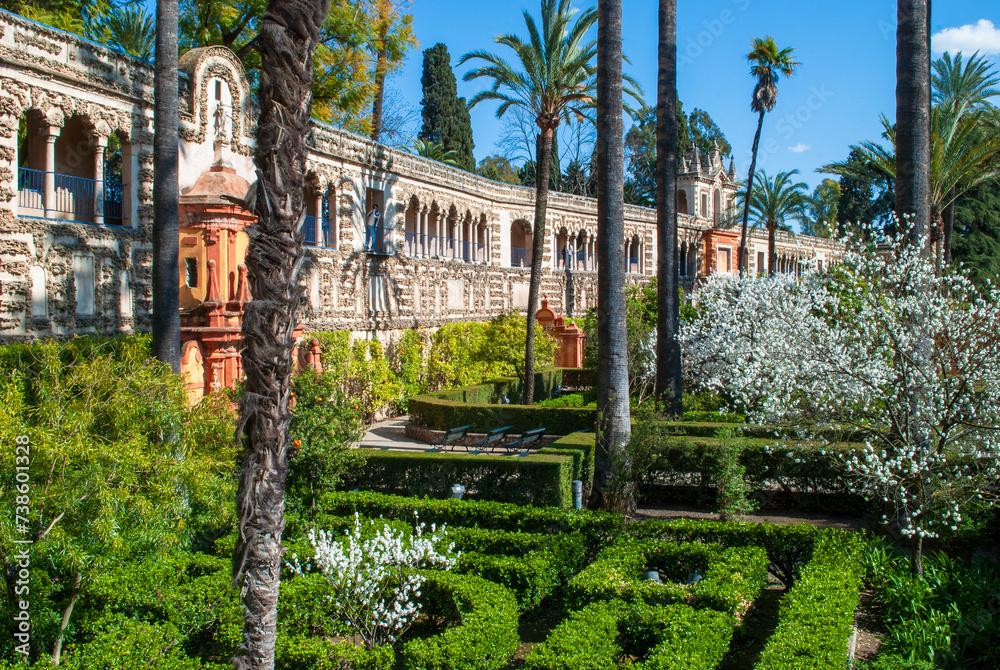 Naklejka premium the splendid gardens of the Real Alcazar in the center of Seville still Mudejar architecture