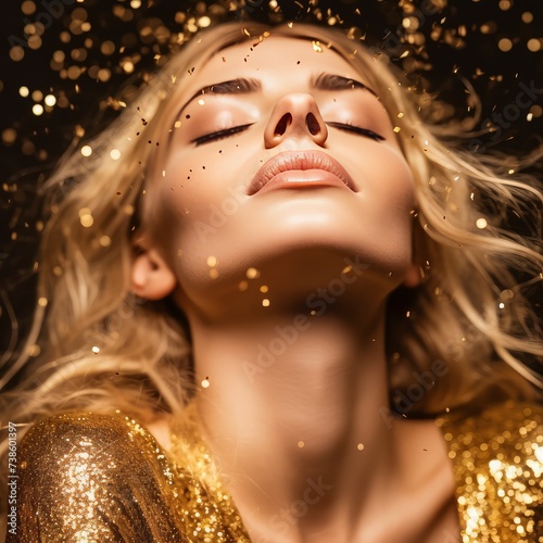 Fictional blonde Closed eyes woman in a gold glittering dress on a golden glitter background, with blonde, lush hair