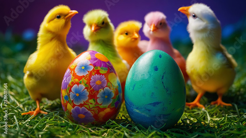 Surprised chickens looking at colorful Easter eggs