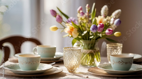 Served for Easter table with delicate spring flowers and colorful eggs