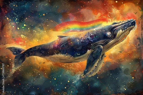 rainbow body humpback whale blowing a rainbow, illustration photo