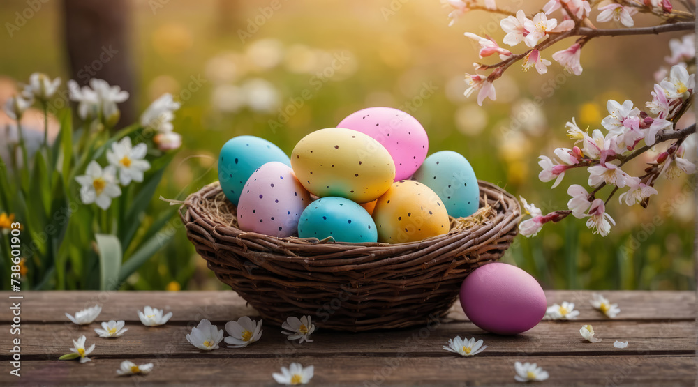 Multicoloured Easter eggs in a basket on a wooden table on the background of a flowering garden on a sunny day