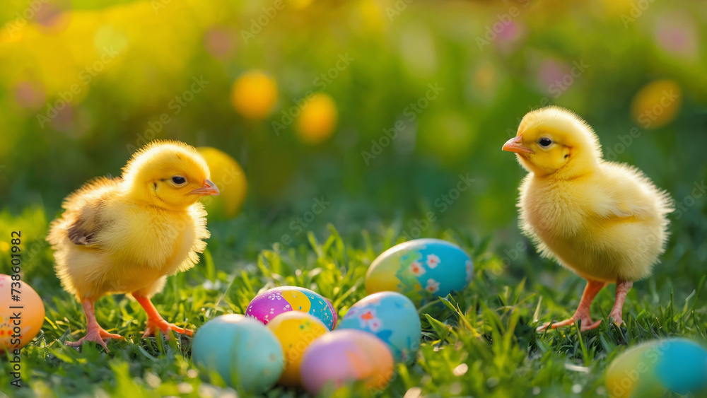 Chicks and Easter coloured eggs on a lush green lawn on a sunny day. With copy space for text
