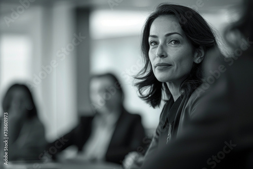 elegant shot capturing the mid-aged businesswoman manager leading a team meeting with enthusiasm and positivity, against a backdrop of clean lines and neutral tones, minimalistic s