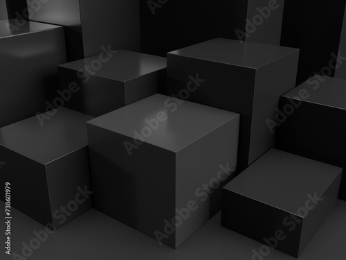 Abstract Dark Cubes Futuristic Design Studio For Product And Packaging. Dark Theme Platform For Product Display For Cosmetic Showcase, Template, Copy Space, Advertising. 3D Rendered