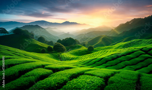 Tea plantation hills at sunrise time, beautiful landscape background © xamtiw