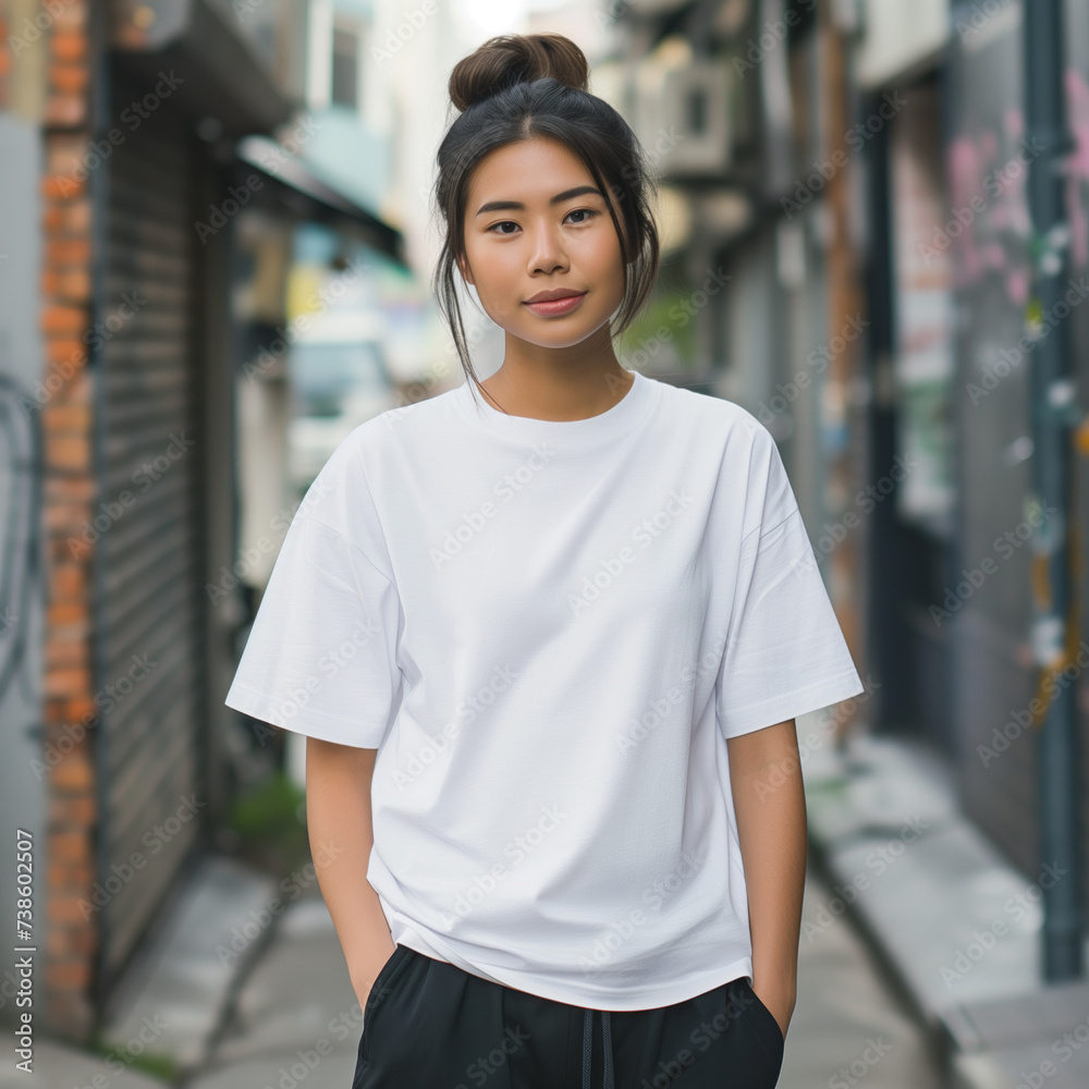 Stylish Young Asian Woman in White T-Shirt Urban Fashion Mockup Stylish Young Asian Woman in White T-Shirt Urban Fashion Mockup