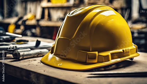 engineer yellow helmet on the table, construction equipments on the table, building helmet background © Gegham