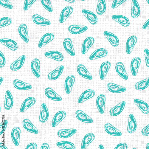 Vector simple scattered mussel pattern with arranged like polka dots with canvas texture background. Suitable for textile, restaurant menu and wallpaper.