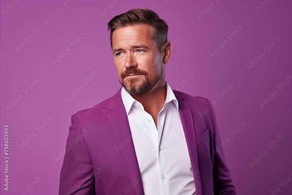 Portrait of a handsome young man in a purple suit on a purple background. Portrait of a handsome young man in a purple suit on a purple background.