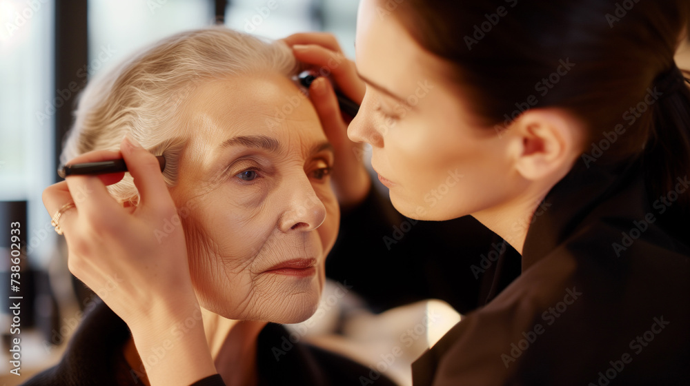 .A makeup artist attentively applies makeup to a serene elderly woman .A makeup artist attentively applies makeup to a serene elderly woman
