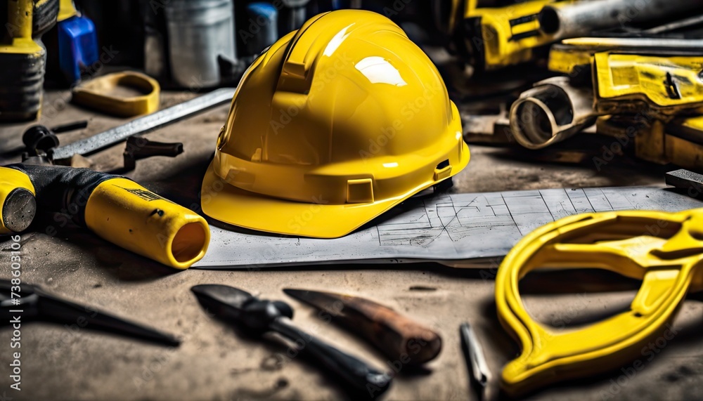 engineer yellow helmet on the table, construction equipments on the table, building helmet background