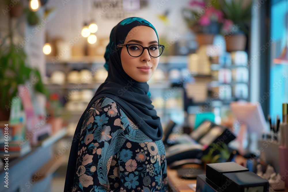 A poised Muslim fashion shop owner in a hijab and stylish outfit stands confidently in her store... A poised Muslim fashion shop owner in a hijab and stylish outfit stands confidently in her store...