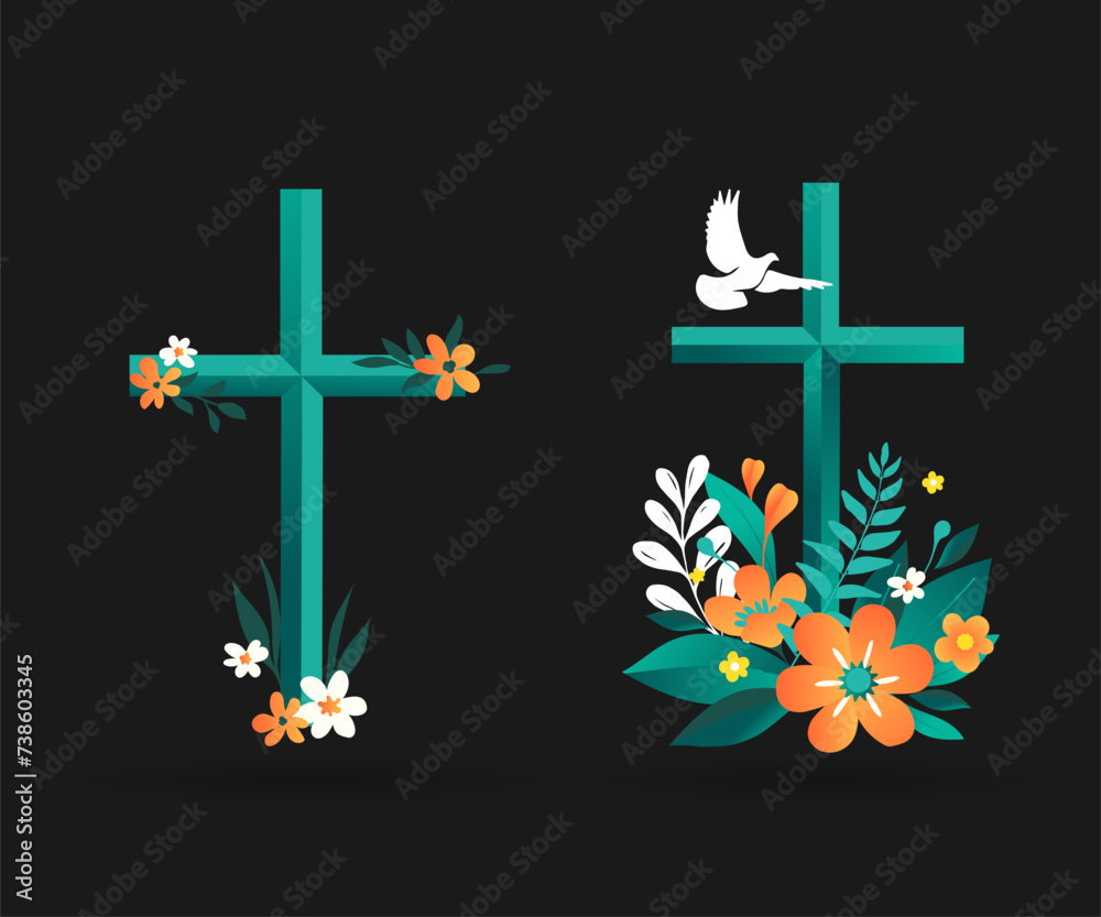 Easter christian cross with floral elements, easter decoration. Christian design for print