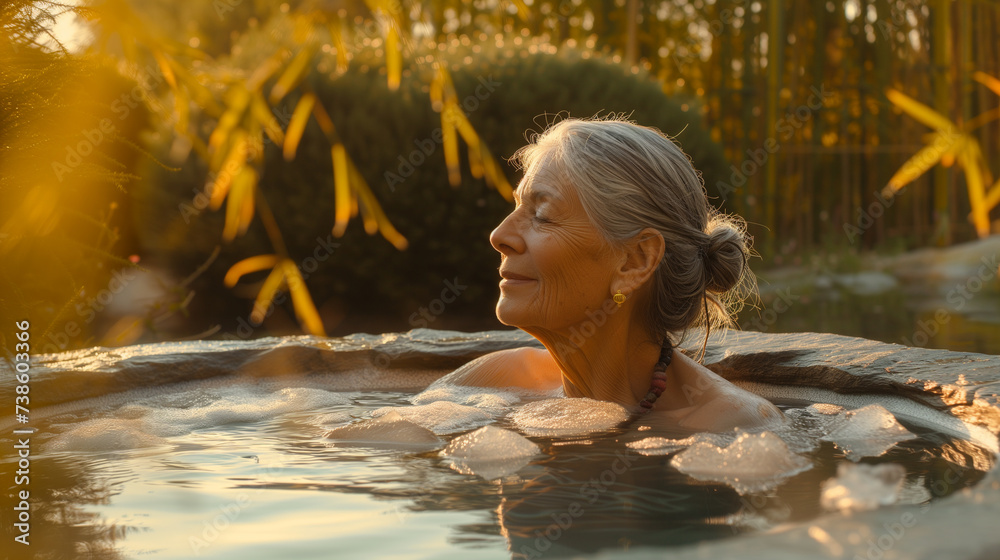 Senior retired european race woman immersed in ice bath in Japanese garden, rejuvenating treatment