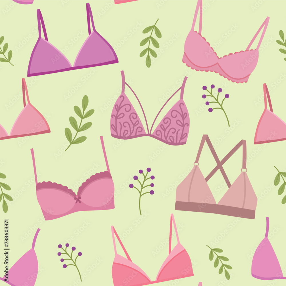 Seamless pattern with various types of women's bra and with plants. Vector background with pink shades lingerie in flat style