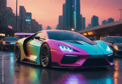 Tuned Sport Car , cyberpunk Retro Sports Car On Neon Highway. Powerful acceleration of a supercar on a night track with colorful lights and trails © Алексей Ковалев