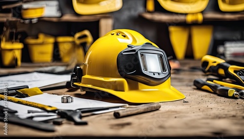 engineer yellow helmet on the table, construction equipments on the table, building helmet background © Gegham