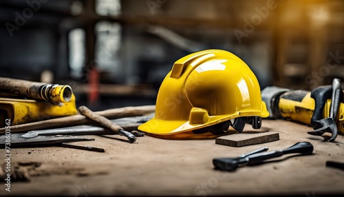 engineer yellow helmet on the table, construction equipments on the table, building helmet background © Gegham
