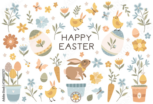 Set of Easter design elements. Eggs, cart, chickens, rabbit, flowers and branches. Ideal for holiday decoration. Vector illustration photo