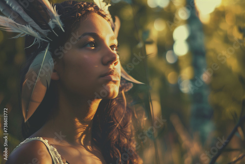 Retro Cosplay: Beautiful bohemian young woman with feathers and wreath on her head outdoor in forest at sunny day.