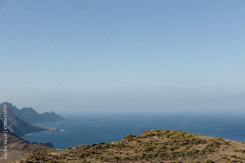 Coastline and  vast empty ocean from the hills above Agaete, Puerto de las Nieves, Gran Canaria, Spain