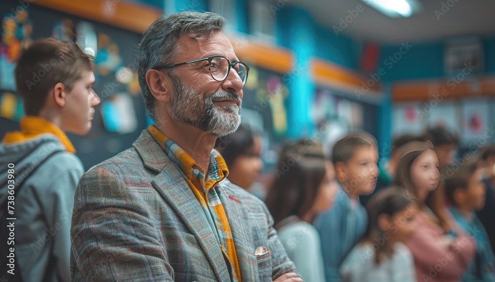 A middle-aged teacher in a school classroom teaching students. American style of teaching. Friendly atmosphere A middle-aged teacher in a school classroom teaching students. American style of teaching. Friendly atmosphere