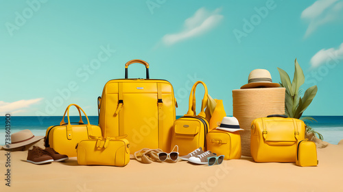  Travel Bags and Summer Accessories on Yellow Background.