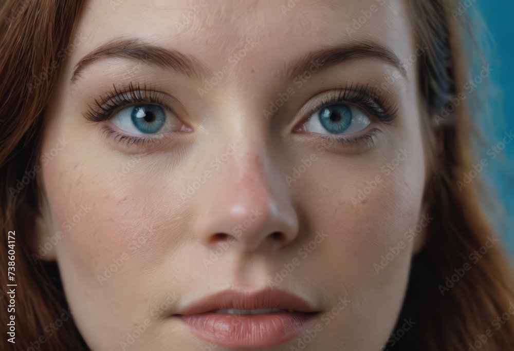 Close-up macro portrait of a female face. A woman with open blue eyes and daytime cosmetic makeup. A girl with perfect skin and freckles. Close-up macro portrait of a female face. A woman with open blue eyes and daytime cosmetic makeup. A girl with perfect skin and freckles.