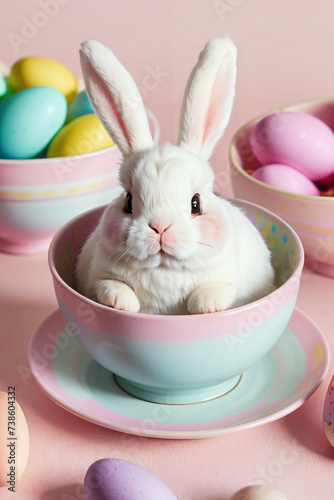 Easter Bunny Cute Rabbit with Colorful Pastel Eggs. AI-generated art. © Mango Monkey Design