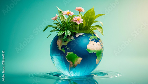 Earth Day concept illustration Earth globe with beautiful nature clean water and blooming plant