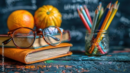 Glasses, books, and pencils on a desk with a chalkboard backdrop depict the core values of education and the pursuit of knowledge in society