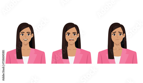Woman wearing suit with 3 emotions. Happy, Angry, and Sad. Flat vector illustration isolated on white background