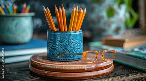 Teacher's spectacles, books, and pencils neatly organized on a desk with a chalkboard background, epitomizing the significance of education and the pursuit of knowledge