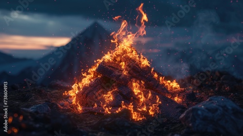 A roaring bonfire depicted with lifelike 3D flames.