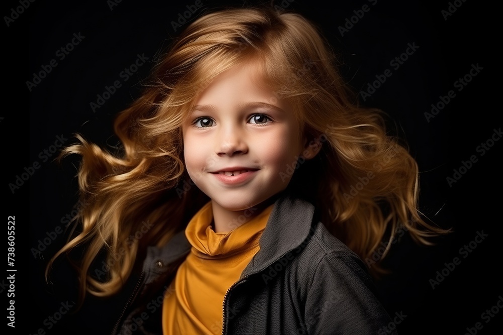 Portrait of a cute little girl with long blond hair over black background. Portrait of a cute little girl with long blond hair over black background.