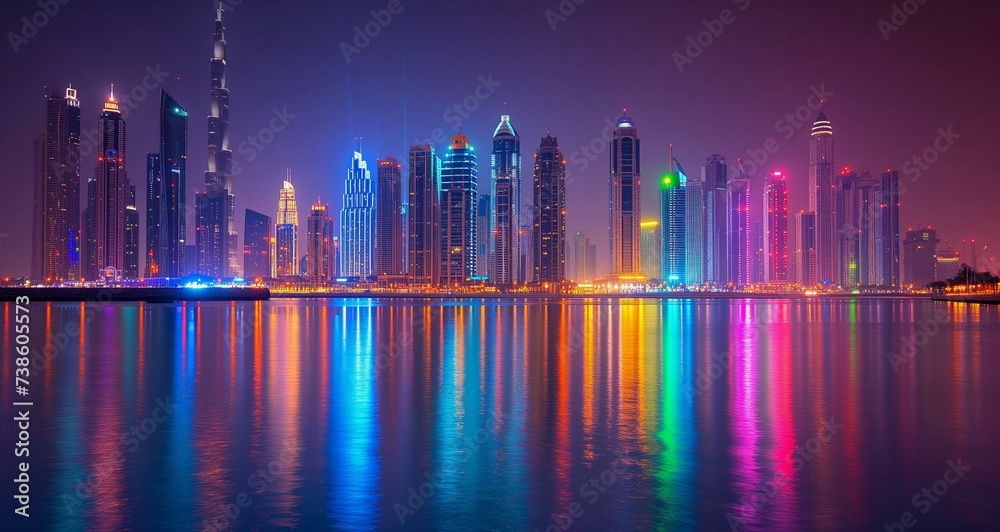 Dubai City Skyline Reflecting on Water at Night with Vibrant Lights
