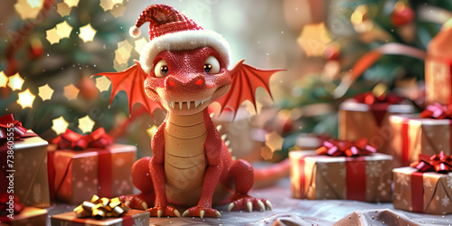 Whimsical Dragon with Gift Boxes: Festive Holiday Artwork Realistic Christmas Dragon: Cute Creature with Gifts © Johnm