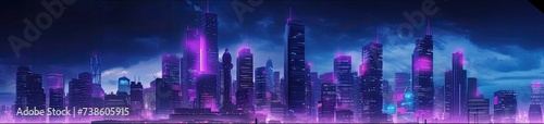 Sci-fi futuristic neon city skyline. Fantastic night view of skyscrapers.