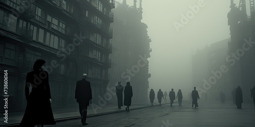 A city street enveloped in a dense fog  shrouded in mystery and darkness