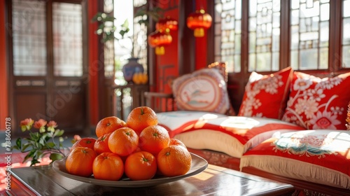 In a festive living room, a coffee table adorned with tangerines and cushions...