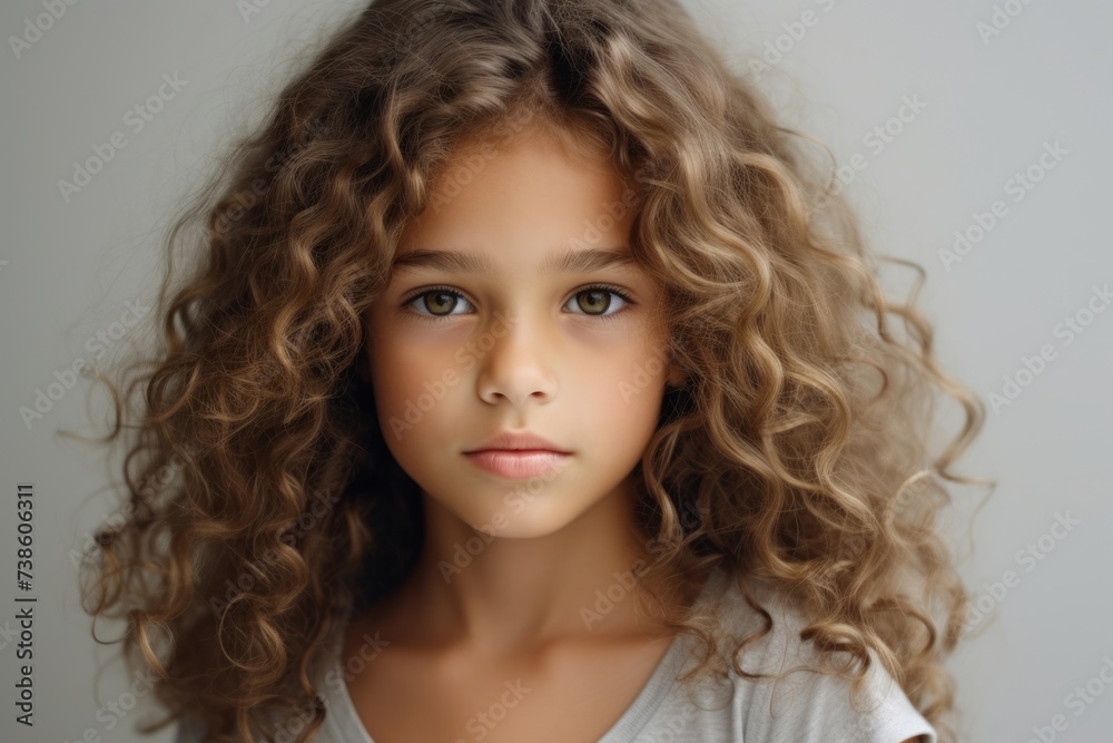 Portrait of a cute little girl with curly hair on gray background Portrait of a cute little girl with curly hair on gray background