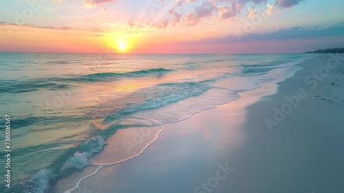 Serene beach scene with golden sand, azure waters, and a pastel-colored sunset sky
