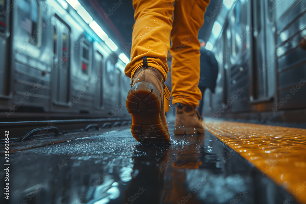 Obraz premium People walk through a busy subway station corridor. Urban transportation: subway and train Movement of city trains accelerating through tunnels.