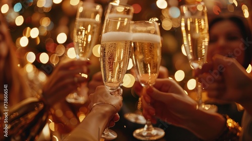 A close-up shot showcases champagne glasses as a group of elegantly dressed i...